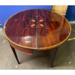 GEORGE III MAHOGANY AND SATIN WOOD CROSS BANDED DEMI LUNE FOLD OVER TEA TABLE WITH INLAID