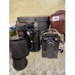 CASED PAIR OF PARAGON 10X50MM BINOCULARS AND A LUBITEL VINTAGE CAMERA