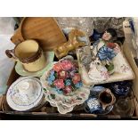 BOX OF MISCELLANEOUS CERAMICS INCLUDING 19TH CENTURY IRONSTONE PLATES, A STONE WARE HUNTING JUG,
