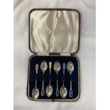 CASED SET OF SIX BIRMINGHAM SILVER AND ENAMEL FINIAL TEA SPOONS