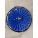 SILVER AND GUILOCHE ENAMEL CIRCULAR POWDER COMPACT WITH RAF EMBLEM AND ENGINE TURNED DECORATION