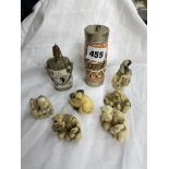 SELECTION OF RESIN NETSUKE FIGURES AND METAL MOUNTED SNUFF BOTTLES