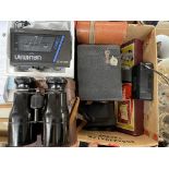 BOXED CAMERA, PAIR OF BINOCULARS, PART GENTS TRAVEL SET, VINTAGE TROUSER PRESS,