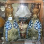 PAIR OF ROYAL DOULTON STONEWARE BULBOUS VASES IN MUTED COLOURS AS FOUND AND A DOULTON JUG HANDLE