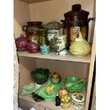 SHELF OF MAINLY SYLVAC VEGETABLE POTS AND COVERS AND A RUMTOFT POT,