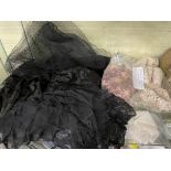 THREE BLACK LACED SHAWLS AND BAG OF VARIOUS CROCHET AND LACE WORK