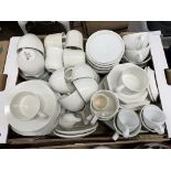 TWO CARTONS OF WHITE TABLE WARES, PLATES, CUPS AND SAUCERS, TUREENS,