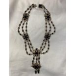 SILVER MOUNTED JET BLACK STONE SET NECKLACE WITH DROPPERS