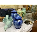 PAIR OF SYLVAC BLUE PANEL OVOID JARS AND COVERS AND A SYLVAC 694 EWER JUG,