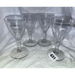 FOUR TRUMPET WINE GLASSES ETCHED WITH WILD BOAR