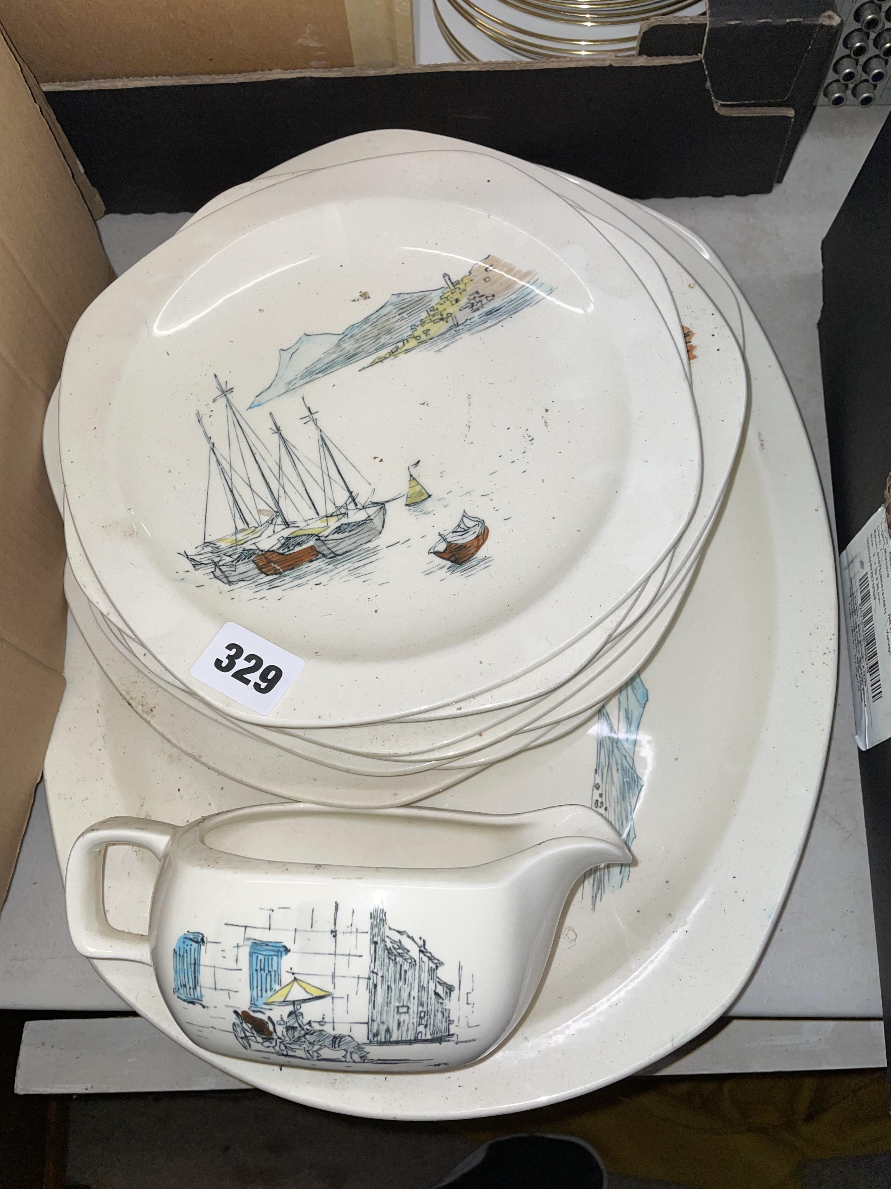 SMALL SELECTION OF MIDWINTER RIVIERA PATTERN PLATES AND SAUCE BOATS DESIGNED BY HUGH CASSON