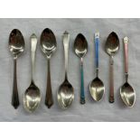 SET OF FOUR BIRMINGHAM SILVER TEA SPOONS AND FOUR SILVER GUILLOCHE ENAMEL SPOONS 3.