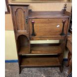ARTS AND CRAFTS OAK GALLERY BACKED BUREAU BOOKSHELVES WITH STRAP WORK HINGES INSET WITH CABOCHONS