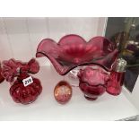 FENTON HAND MADE RUBY GLASS JUG, OVOID PAPER WEIGHT,