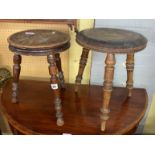 TWO 19TH CENTURY TURN LEGGED AND POKER WORK TOPPED STOOLS