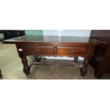 OAK SPANISH STYLE OBLONG COFFEE TABLE FITTED WITH TWO DRAWERS ON CHUNKY RING TURNED LEGS