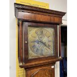 18TH CENTURY BRASS SQUARE DIAL LONG CASE CLOCK WITH ROMAN AND ARABIC NUMERALS CALENDAR APERTURE AND