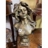 BRONZE PATINATED CHALK BUST OF AN ART NOUVEAU MAIDEN 46CM H