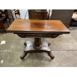 WILLIAM IV MAHOGANY FOLD OVER TOP PEDESTAL TEA TABLE ON A CONCAVE PLATFORM WITH SCROLL FEET "