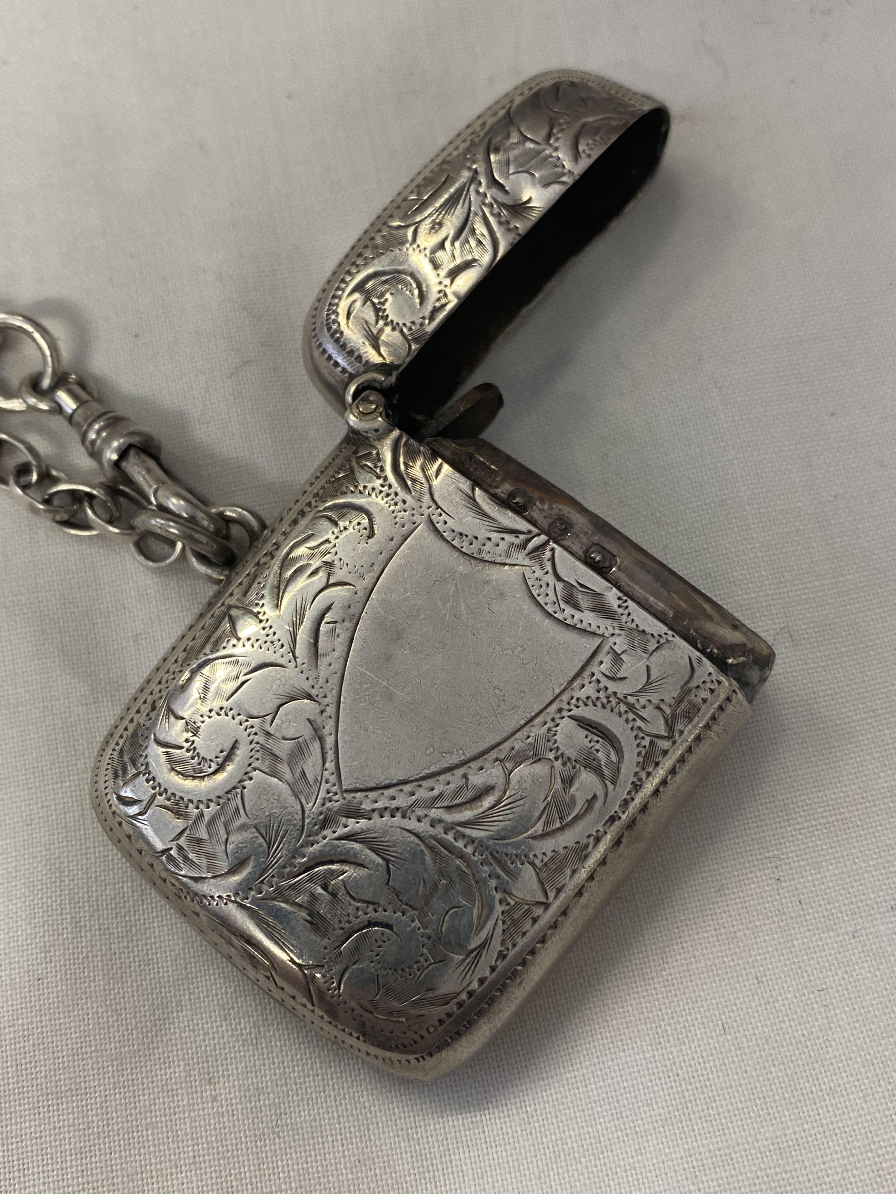 SILVER ENGRAVED CONVEX VESTA CASE WITH BELCHER LINK ALBERT WITH T BAR AND FOB - Image 2 of 3