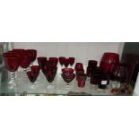 SHELF OF RUBY GLASSWARES INCLUDING FRENCH TUMBLERS,