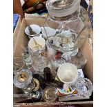 PRESSED GLASS HEXAGONAL SWEET JAR, VARIOUS ETCHED TUMBLERS AND GLASSES, WINTON PIECE 1919 MUG,