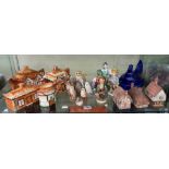 SHELF OF COTTAGE TEAWARES, ROYAL DOULTON OWL FIGURE, ROYAL DOULTON FIGURE OF ELYSE,