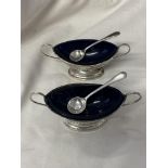 PAIR OF BIRMINGHAM BOAT SHAPED PEDESTAL SALTS WITH BLUE GLASS LINERS AND MATCHED PAIR OF SHEFFIELD