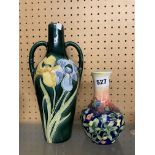 TUPTON INSPIRED TUBE LINE BALUSTER BUTTERFLY VASE AND A TWIN HANDLED IRIS VASE A/F