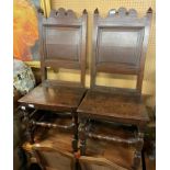 PAIR OF 17TH CENTURY OAK PANEL BACK CHAIRS WITH TURNED STRETCHERS