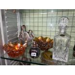 PAIR OF CARNIVAL GLASS CRIMPED BOWLS, THREE LUSTRE BOWLS, HEAVY LEAD CRYSTAL DECANTER AND STOPPER,