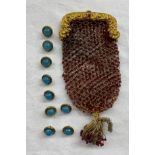 GILT METAL AND MESH PURSE AND SOME TURQUOISE CABOCHON GILT BUTTONS