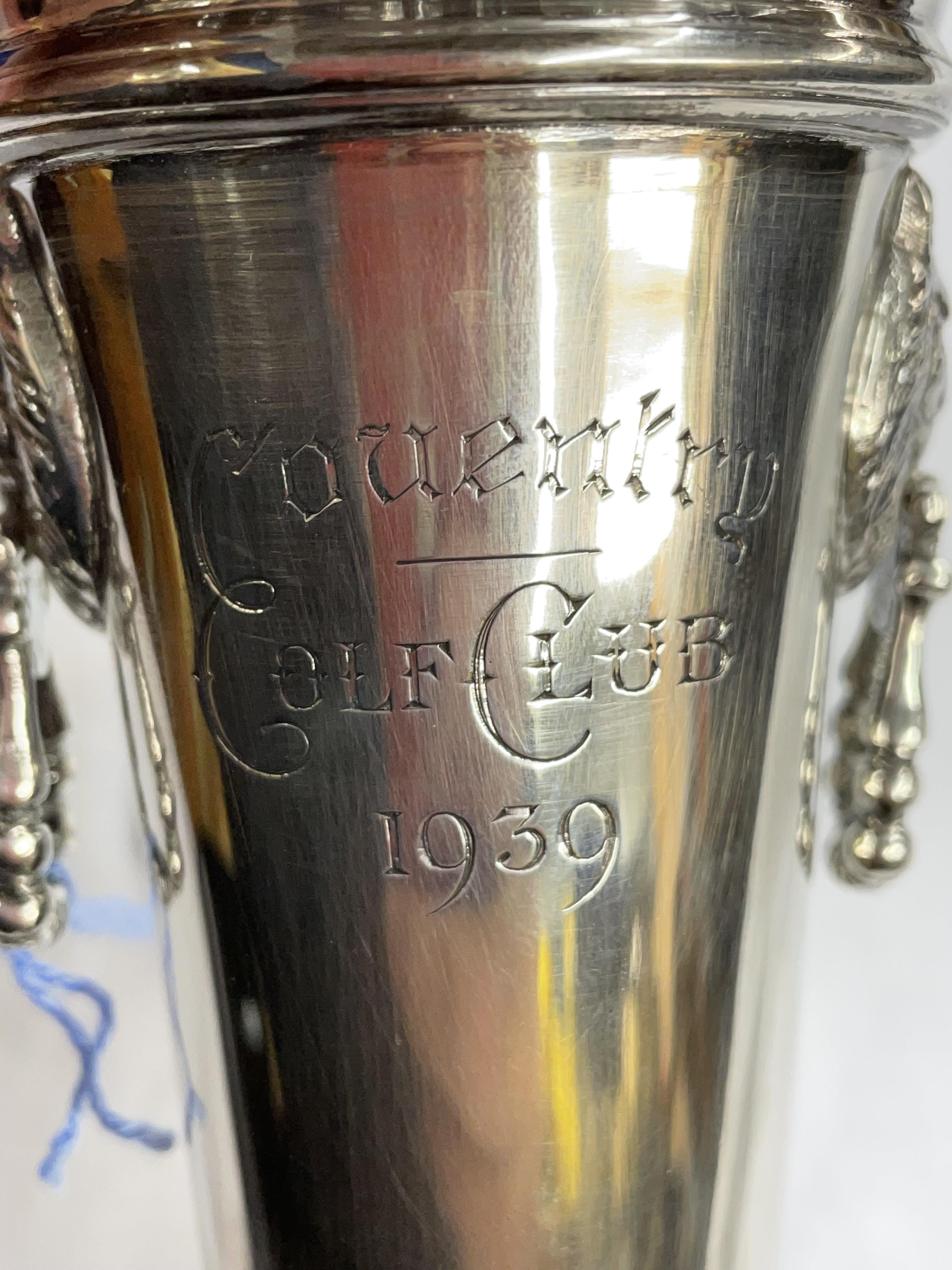 BIRMINGHAM SILVER FLARED PEDESTAL VASE WITH LIONS ,MASK HANDLES ENGRAVE COVENTRY GOLD CLUB 1939 6. - Image 2 of 3