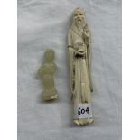 CHINESE IVORY OF A BEARDED FIGURE AND A SMALL JADE FIGURE