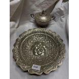 INDIAN WHITE METAL REPOUSSE SHALLOW DISH AND TWIN HANDLED BOWL AND COVER