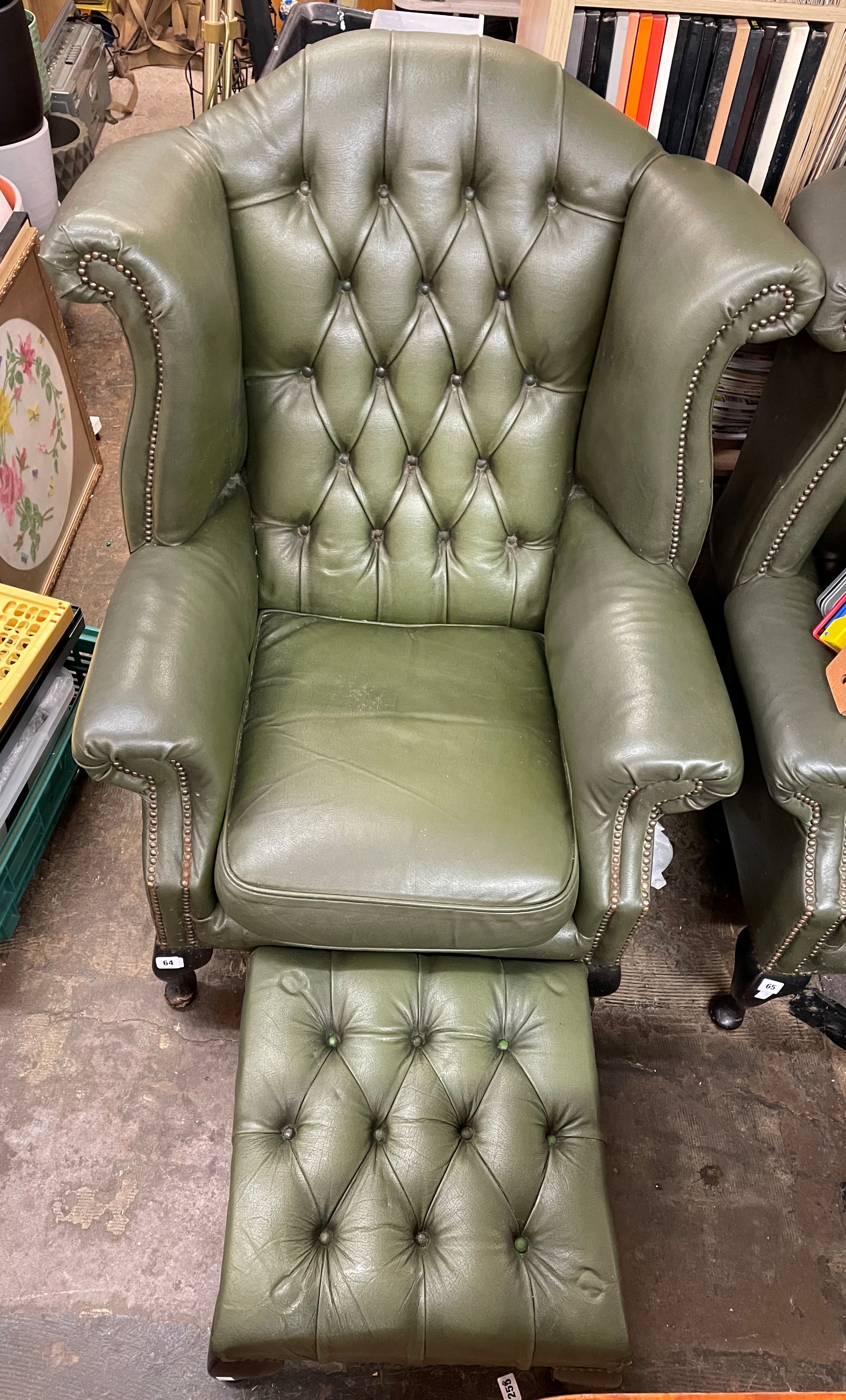 BOTTLE GREEN LEATHER BUTTON BACK WING ARMCHAIR WITH MATCHING FOOT STOOL