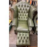 BOTTLE GREEN LEATHER BUTTON BACK WING ARMCHAIR WITH MATCHING FOOT STOOL