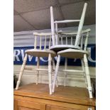 PAIR OF WHITE PAINTED LATE 19TH CENTURY KITCHEN SPINDLE CHAIRS AND STOOL HEIGHT 180CM X DEPTH 54CM