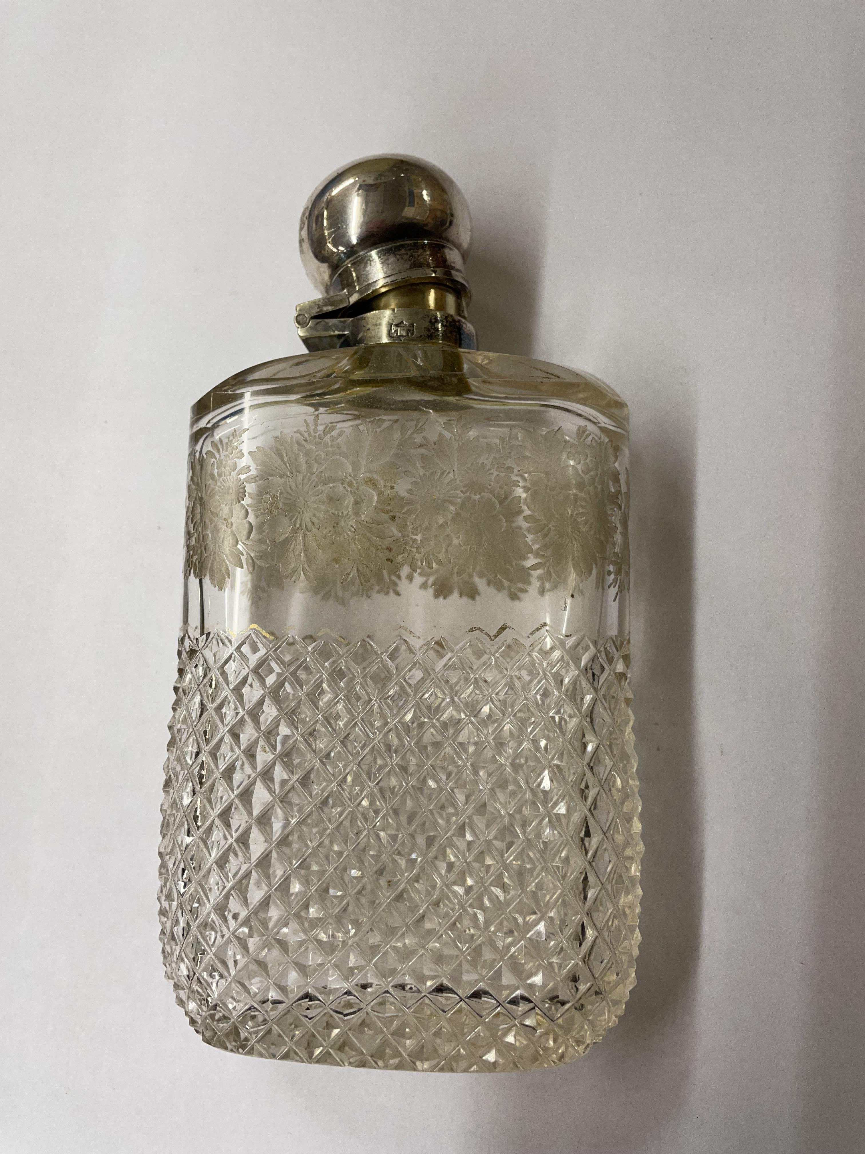 FINELY ETCHED AND HOBNAIL FLASK WITH PLATED MOUNT BY JAMES DIXON