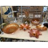 HEAVY CUT GLASS BASKET, VARIOUS CARNIVAL DISHES,