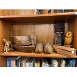 SHELF OF DUGOUT BOWLS, PAIR OF CARVED CLOGS,