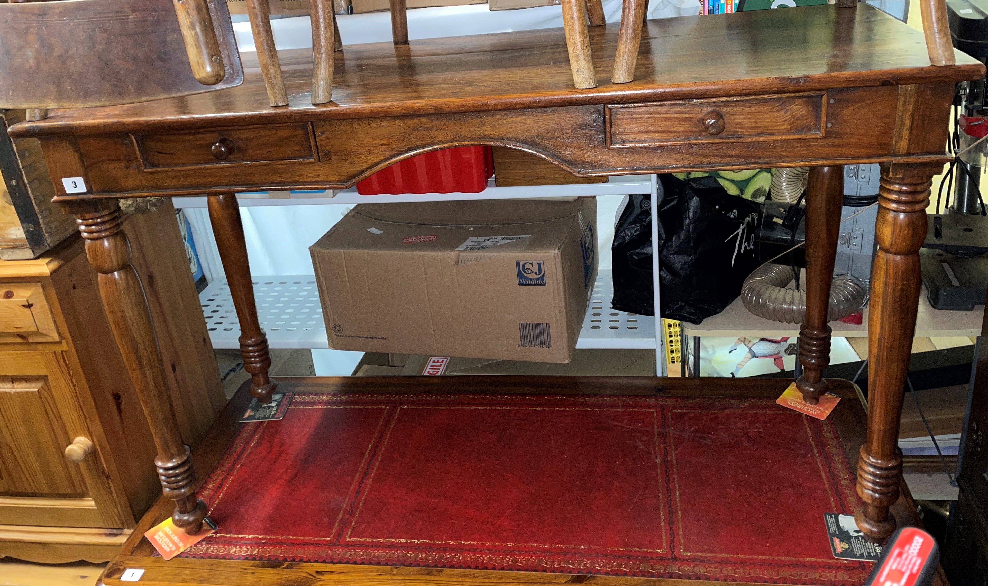 DARK STAINED HARDWOOD SIDE TABLE WITH TWO DRAWERS ON RING TURNED LEGS