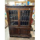 OLD CHARM OAK LINEN FOLD LEAD GLAZED CABINET CUPBOARD 136CM H X 94CM W