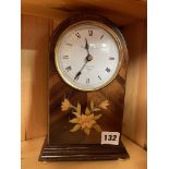 MARQUETRY INLAID CASED KING AND GIBBONS QUARTZ ARCHED MANTLE TIME PIECE