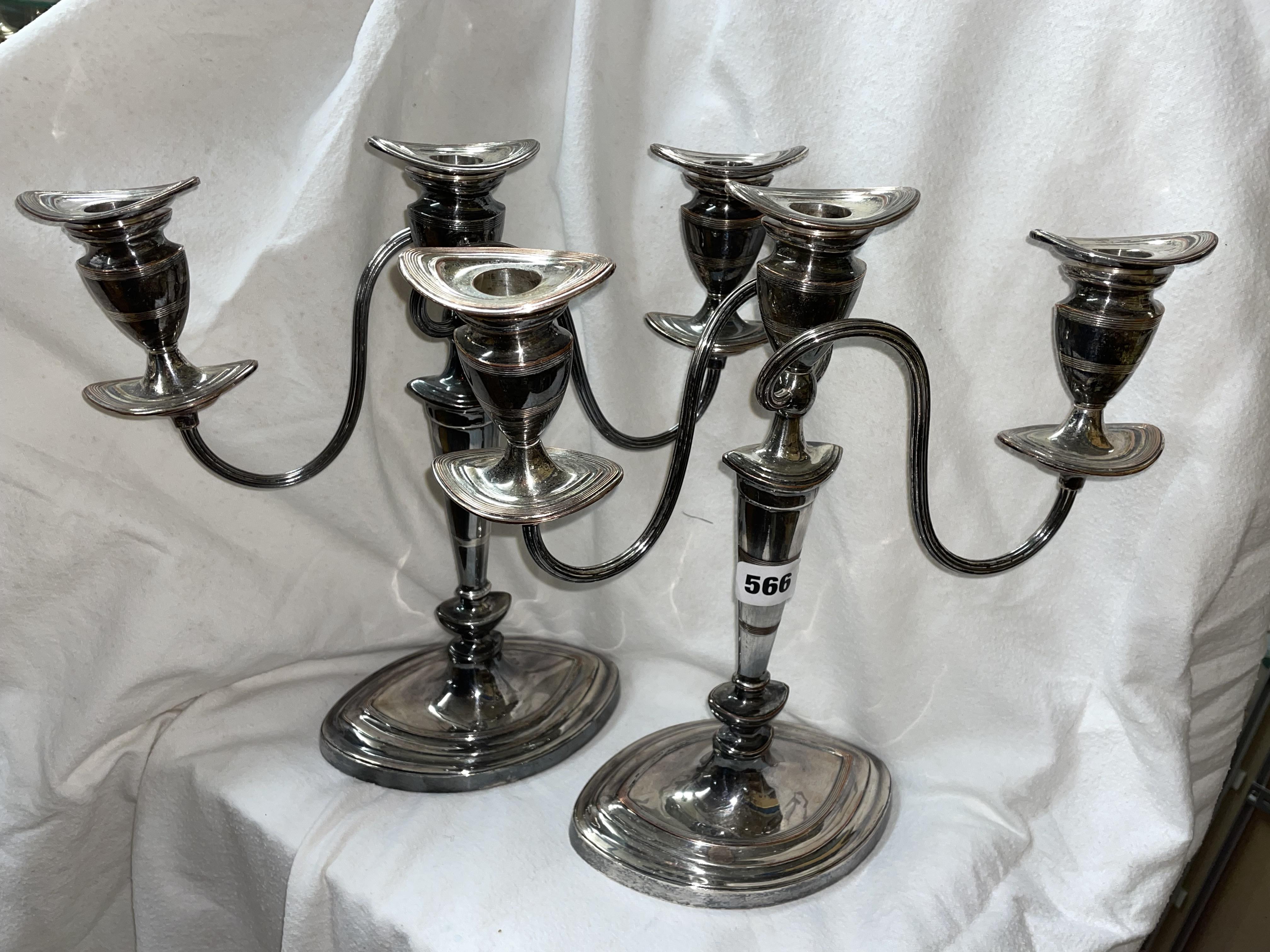 PAIR OF EP ON COPPER NEO CLASSICAL THREE BRANCH CANDELABRUM