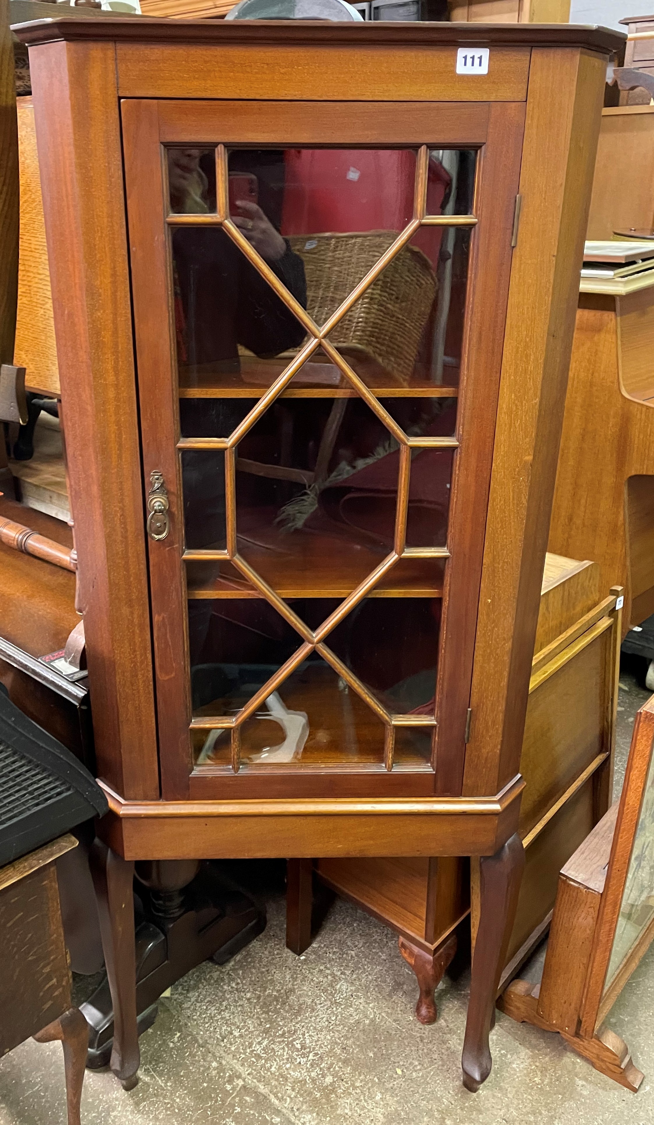 MAHOGANY ASTRAGAL GLAZED CORNER CABINET ON STAND