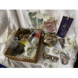 BOX OF MISCELLANEOUS PRE DECIMAL COINS AND SOME OLD BANKNOTES