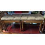 PAIR OF BUTTON UPHOLSTERED HONEY PINE STOOLS