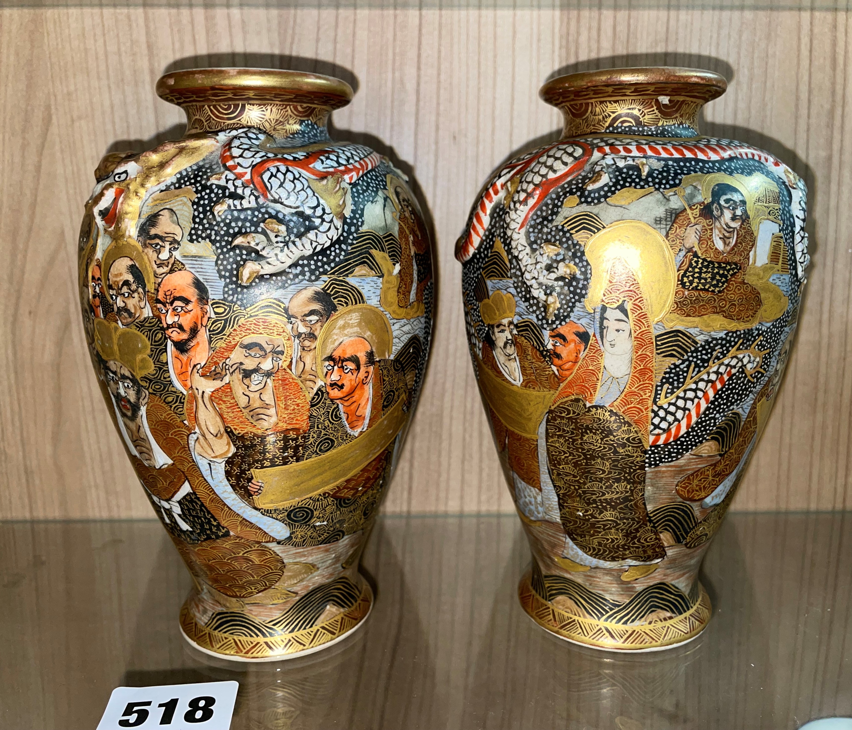 PAIR OF JAPANESE SATSUMA OVOID VASES DECORATED WITH FACES AND DRAGONS HEIGHT 16CM