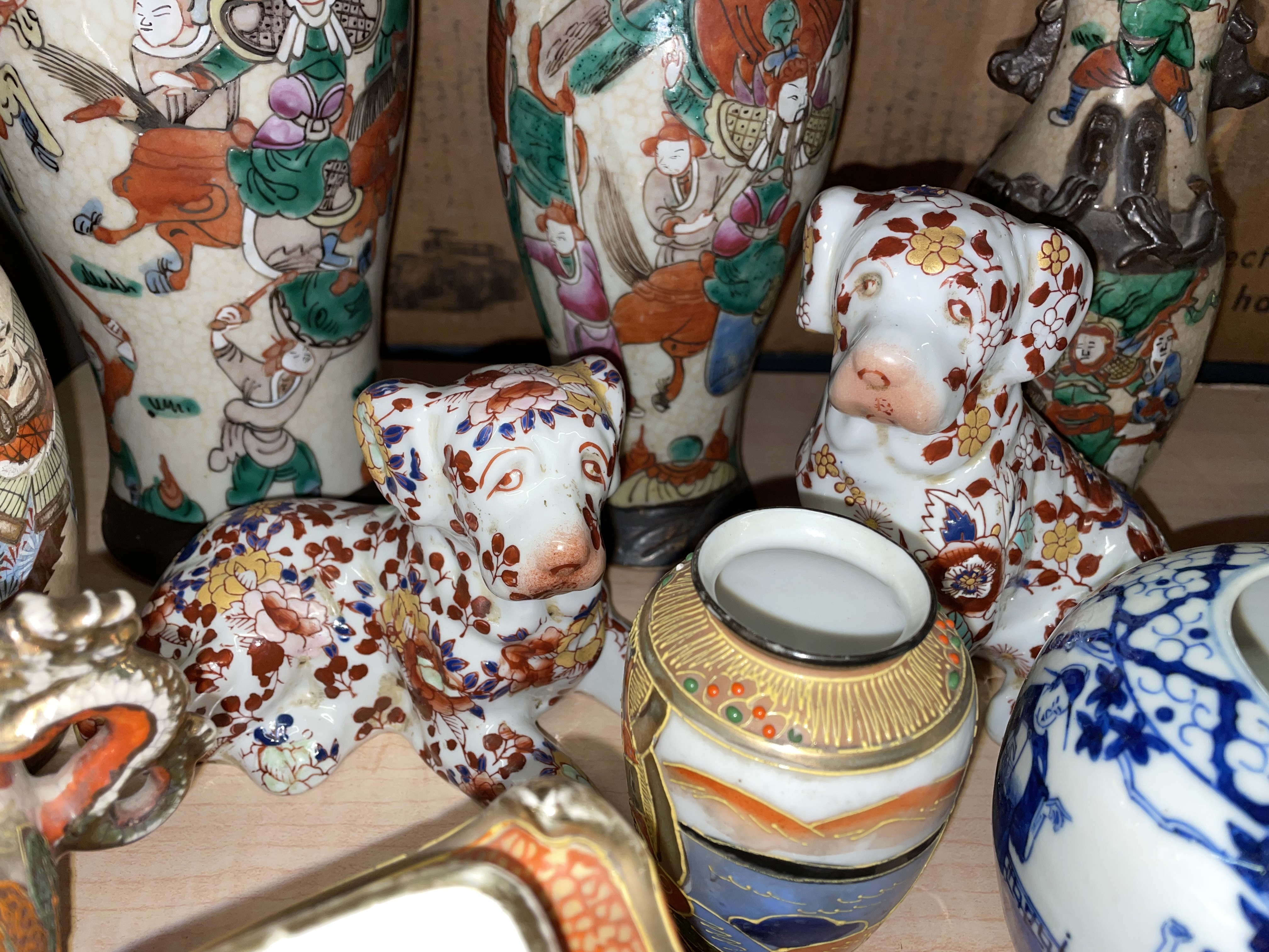 CHINESE CRACKLE GLAZE BALUSTER VASES DECORATED WITH WARRIORS, JAPANESE IMARI DOG FIGURES, - Image 2 of 5